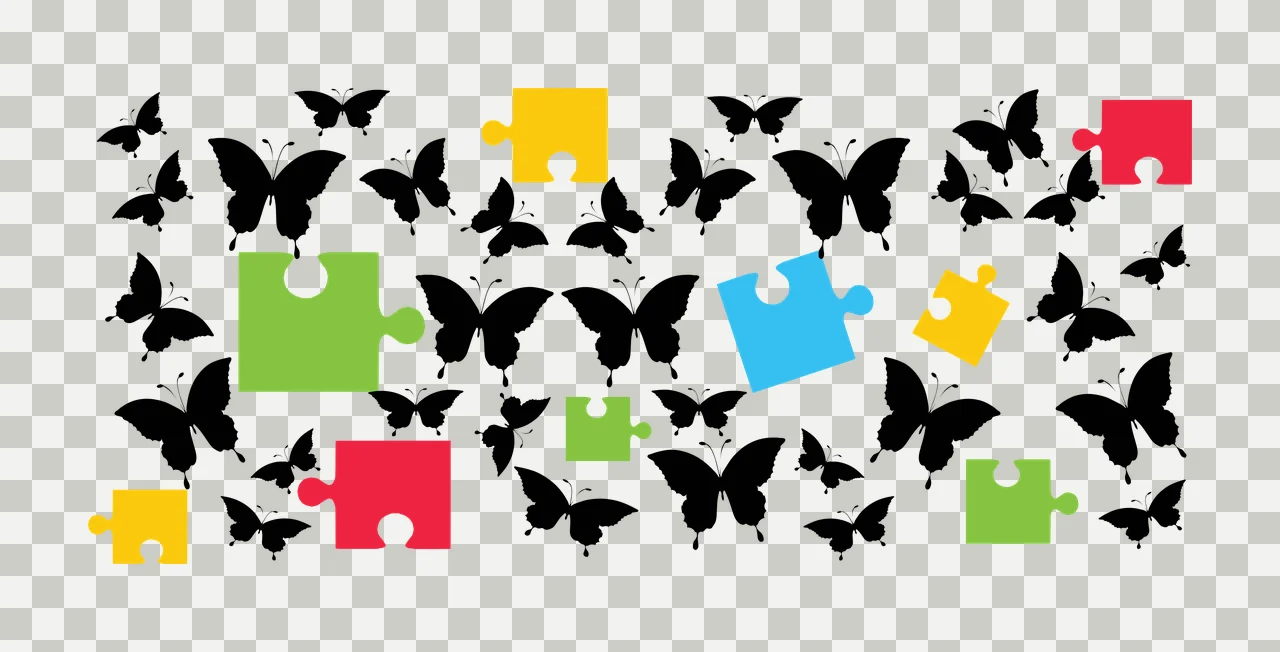 Butterflies and puzzle pieces Illustration with black butterflies, yellow puzzle piece, red puzzle piece and green puzzle piece transparency and detail preview thumbnail