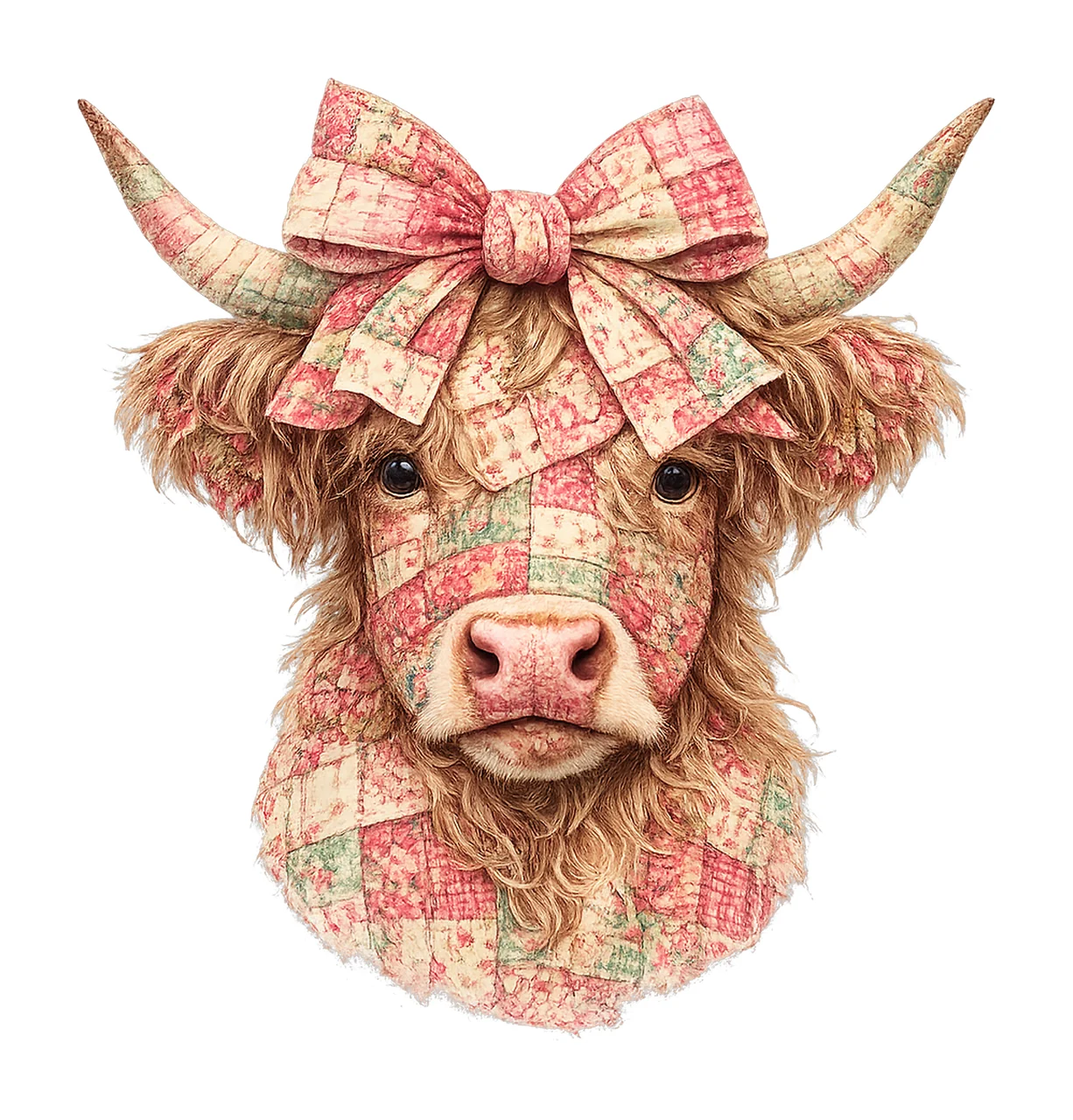 Patchwork Floral Highland Cow Faux Embroidery Cow Art