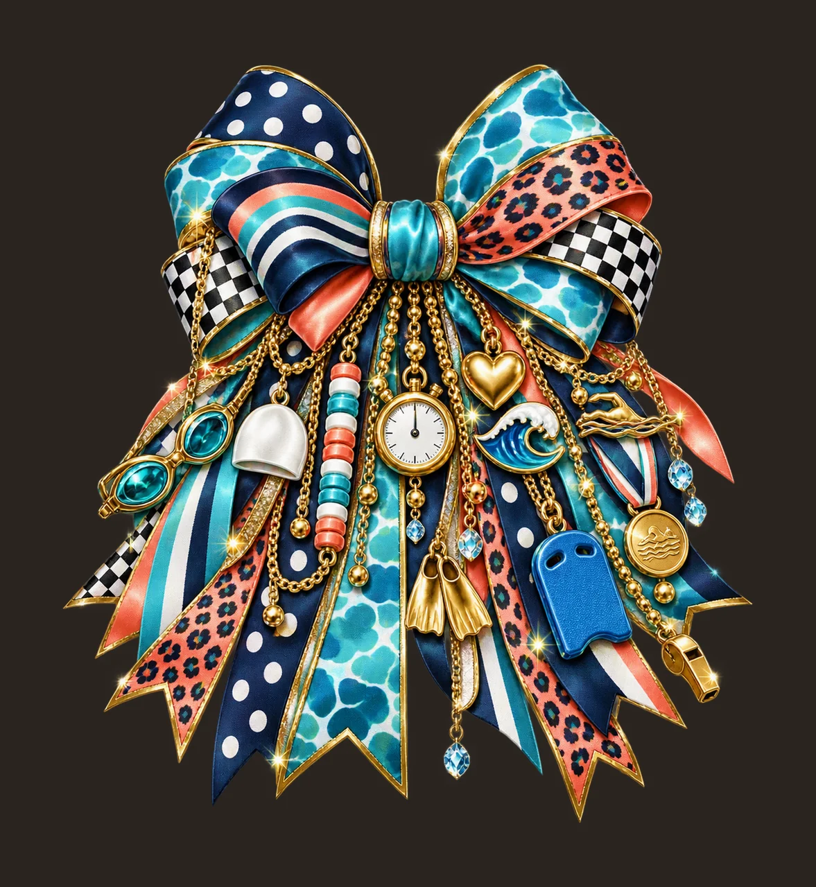 Swim Mom Bow Charm PNG, Themed Gold Chain Charms, Coquette Ribbon Sublimation Design, Transparent Digital Download contrast preview thumbnail