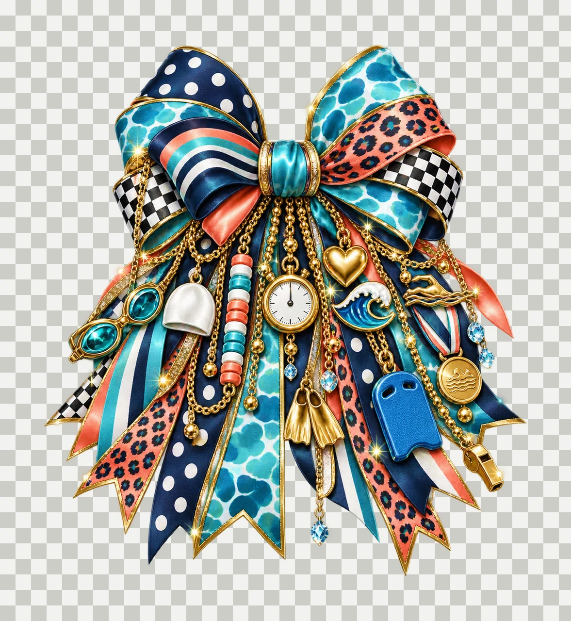 Swim Mom Bow Charm PNG, Themed Gold Chain Charms, Coquette Ribbon Sublimation Design, Transparent Digital Download transparency and detail preview thumbnail
