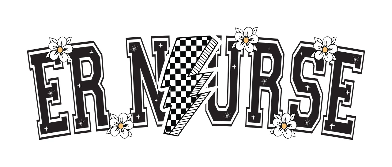 Er Nurse Text With Flowers lightning bolt block letters black