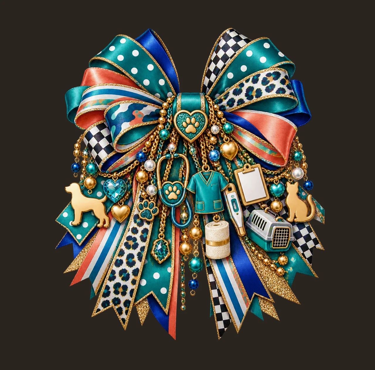 Veterinary Technician Bow Charm PNG, Themed Gold Chain Charms, Coquette Ribbon Sublimation Design, Transparent Digital Download contrast preview thumbnail
