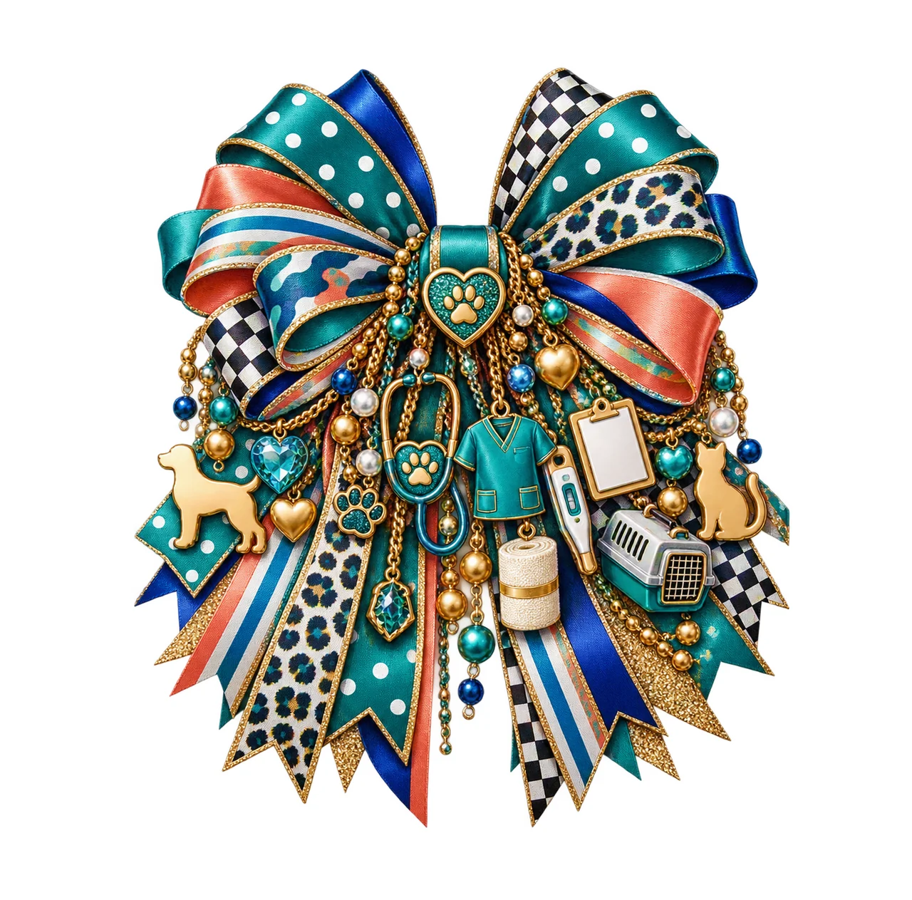 Veterinary Technician Bow Charm PNG, Themed Gold Chain Charms, Coquette Ribbon Sublimation Design, Transparent Digital Download