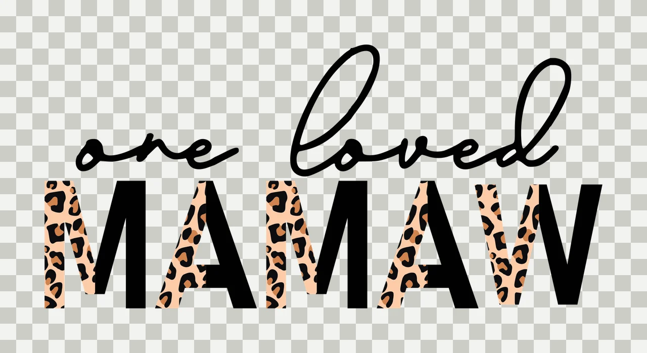 One loved MAMAW Typography Design with leopard print pattern, black script font and black block letters in beige and brown transparency and detail preview thumbnail