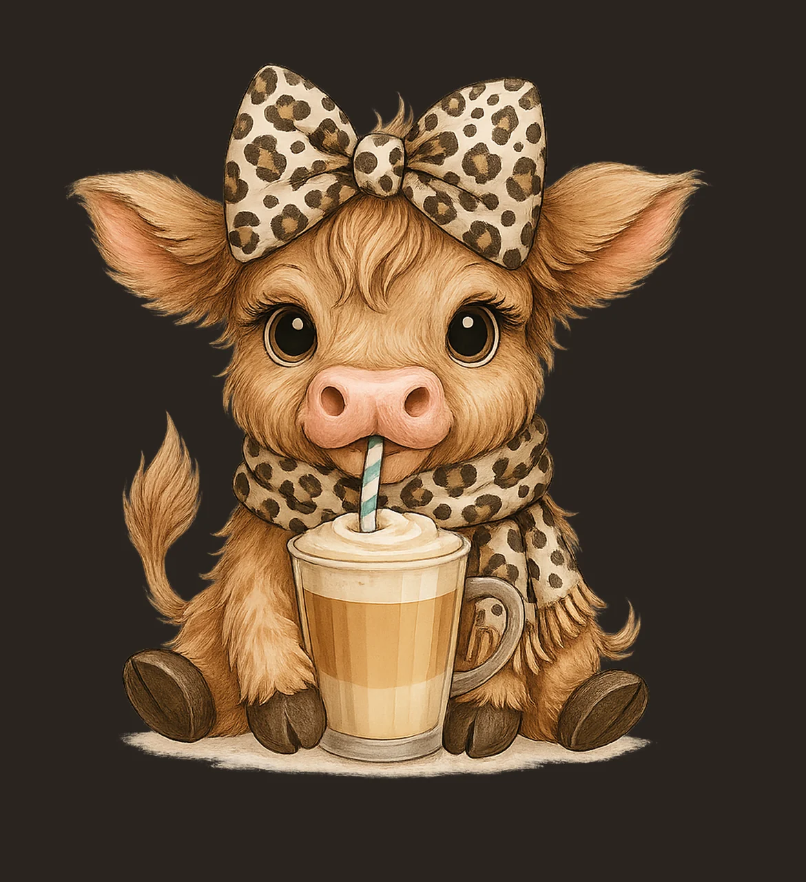 Coffee Cow Fluffy Drinking With Black Background leopard contrast preview thumbnail
