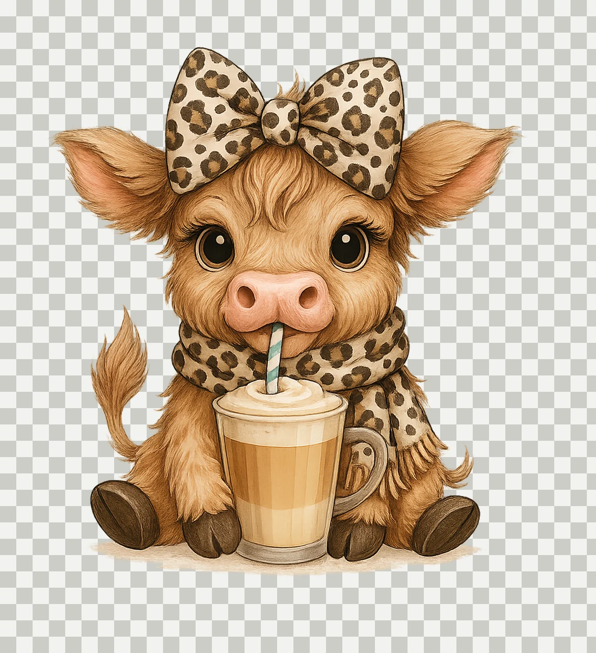 Coffee Cow Fluffy Drinking With Black Background leopard transparency and detail preview thumbnail