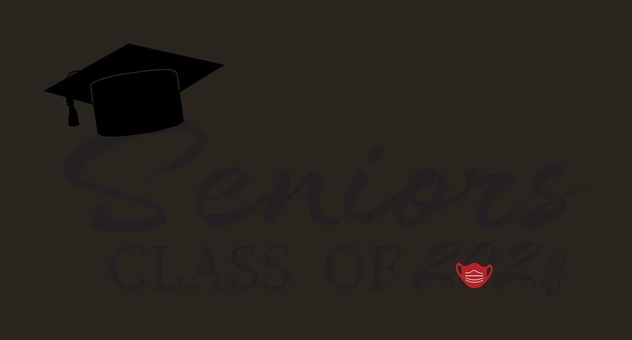 Seniors CLASS OF 2021 Graduation commemorative design with black graduation cap, cursive 'Seniors', block 'CLASS OF' and red face mask icon contrast preview thumbnail