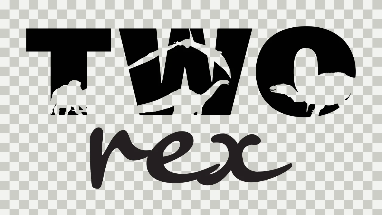 TWO rex dinosaur typography with bold block text TWO, script text rex, Triceratops silhouette and Pterodactyl silhouette in black and white transparency and detail preview thumbnail