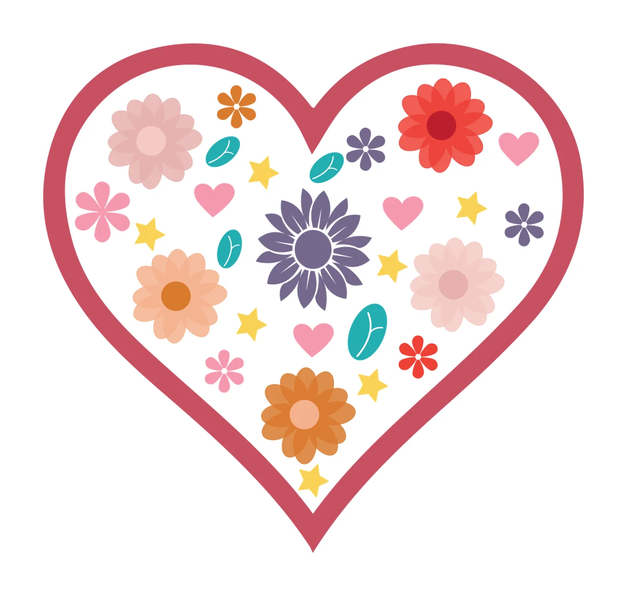 Heart shape with floral pattern Illustration with heart outline, flowers, small hearts and yellow stars in pink, dark pink and red