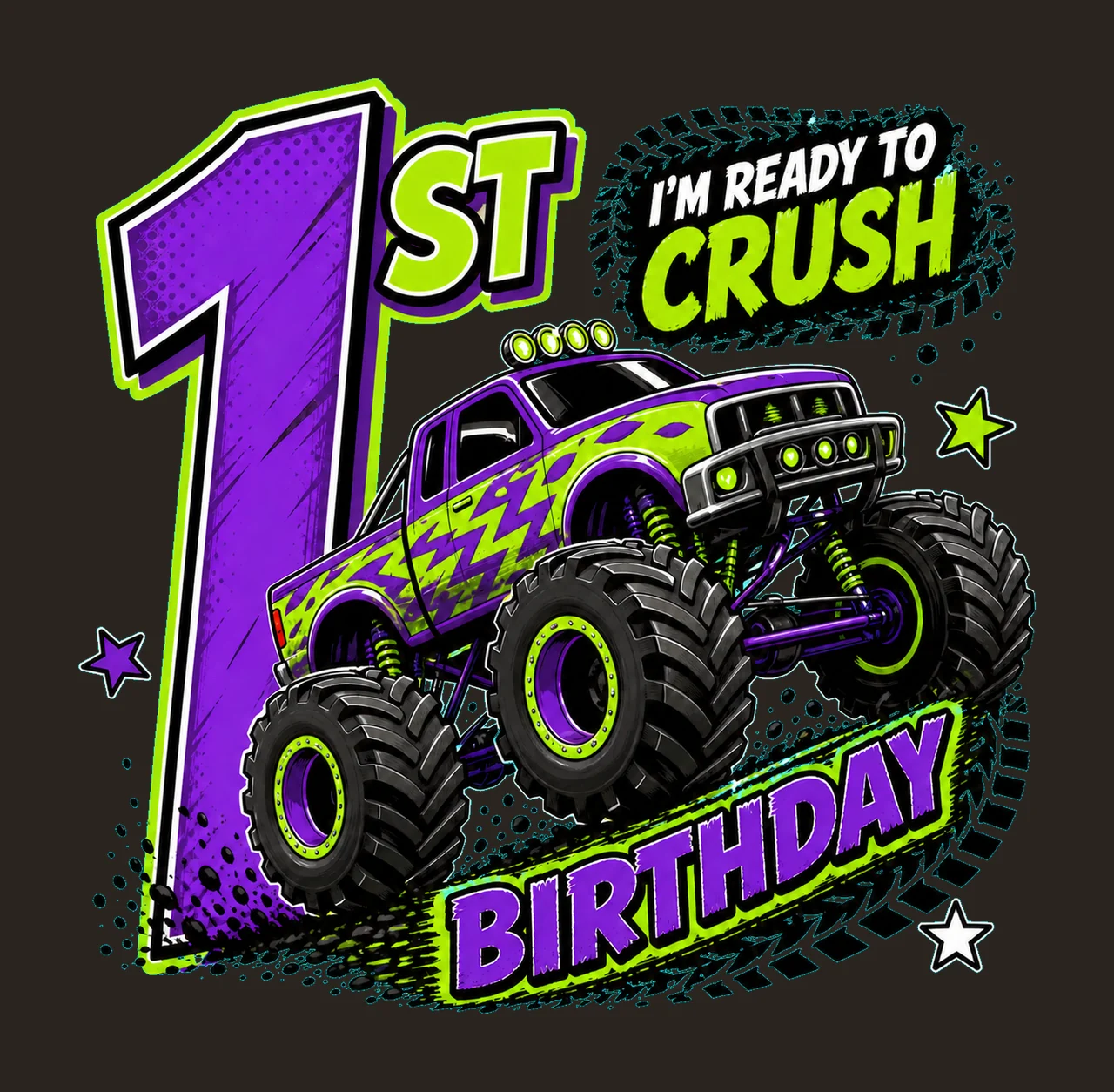1 Monster Truck Birthday PNG, I'm Ready to Crush 1st Birthday Sublimation Design, Purple Green Truck Boy Shirt Clipart Download PNG File contrast preview thumbnail