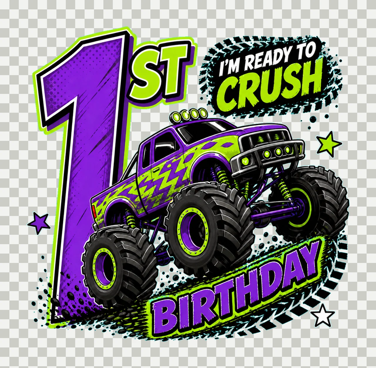 1 Monster Truck Birthday PNG, I'm Ready to Crush 1st Birthday Sublimation Design, Purple Green Truck Boy Shirt Clipart Download PNG File transparency and detail preview thumbnail
