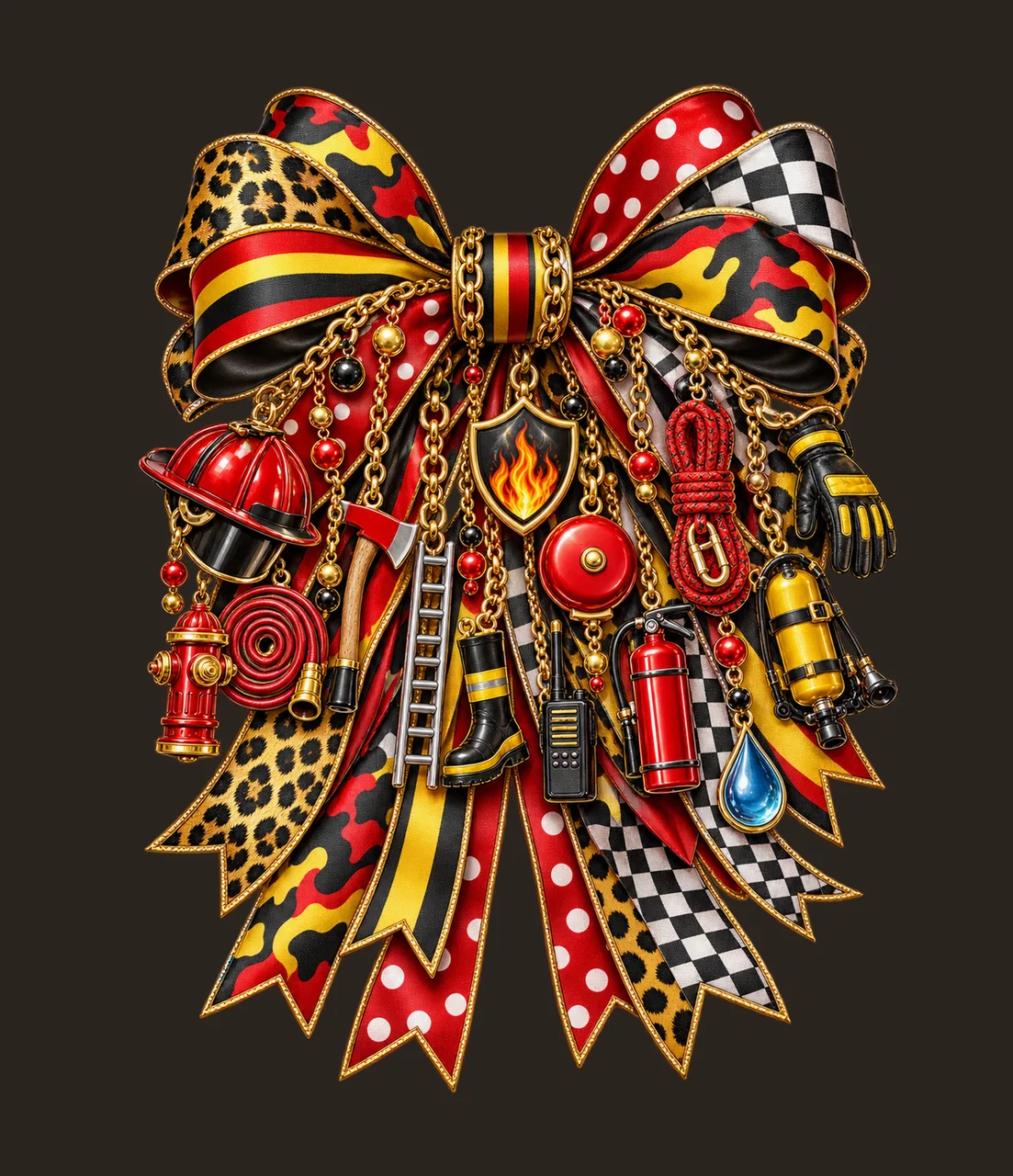 Firefighter Appreciation Bow Charm PNG, Helmet Hose Hydrant and Rescue Tool Charms, First Responder Sublimation Design contrast preview thumbnail