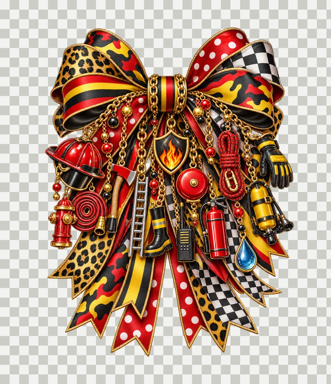 Firefighter Appreciation Bow Charm PNG, Helmet Hose Hydrant and Rescue Tool Charms, First Responder Sublimation Design transparency and detail preview thumbnail