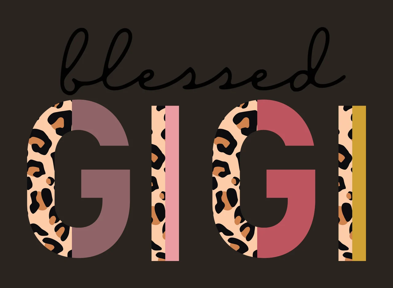 Blessed GIGI Typography Design with cursive script text, bold block lettering, leopard print pattern and split color design in black, brown and tan contrast preview thumbnail