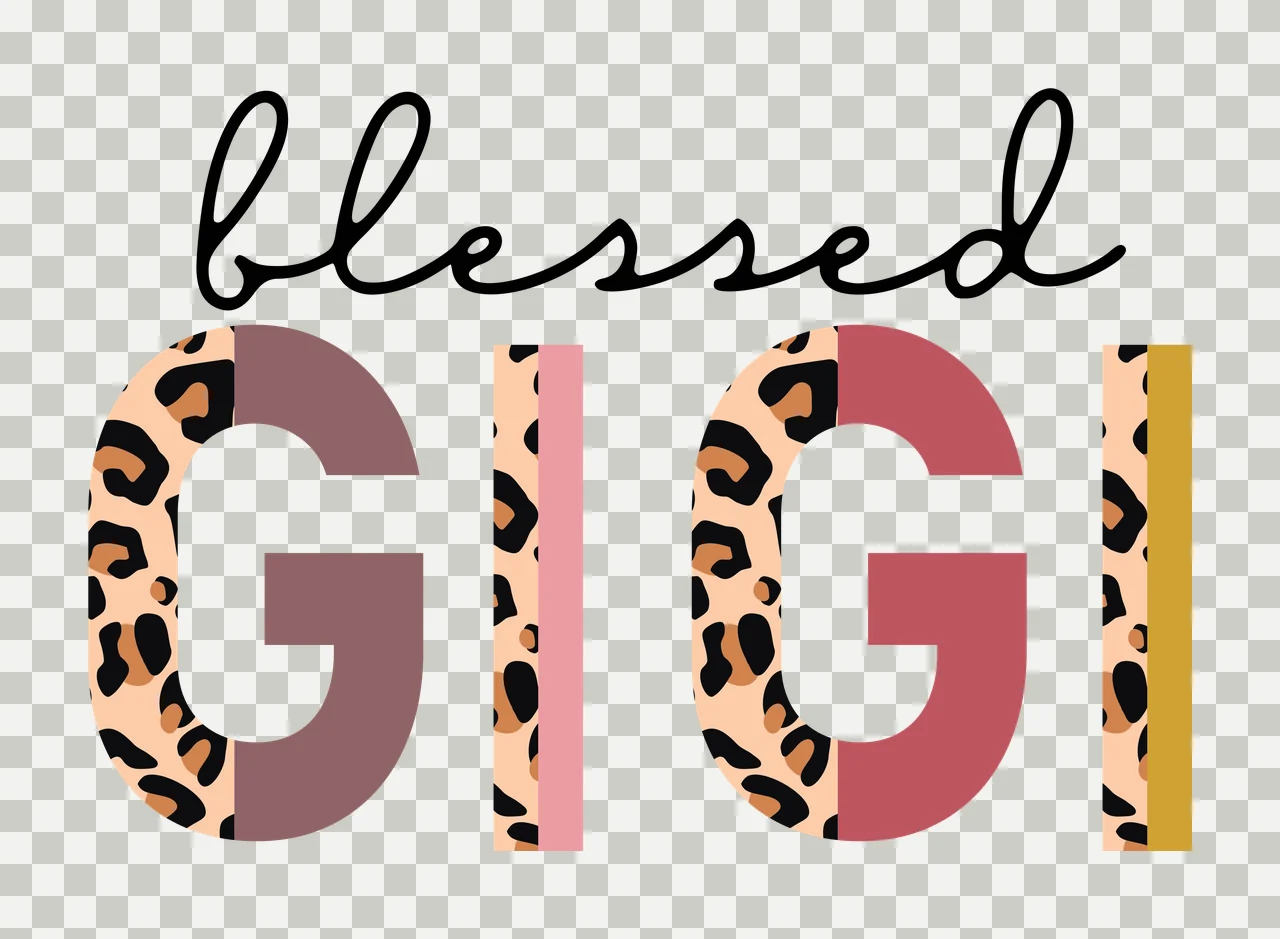 Blessed GIGI Typography Design with cursive script text, bold block lettering, leopard print pattern and split color design in black, brown and tan transparency and detail preview thumbnail