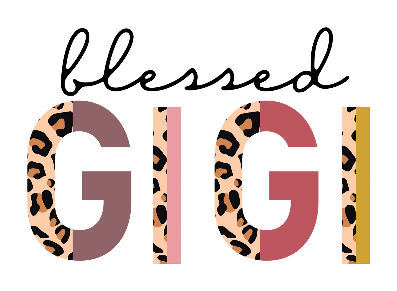 Blessed GIGI Typography Design with cursive script text, bold block lettering, leopard print pattern and split color design in black, brown and tan