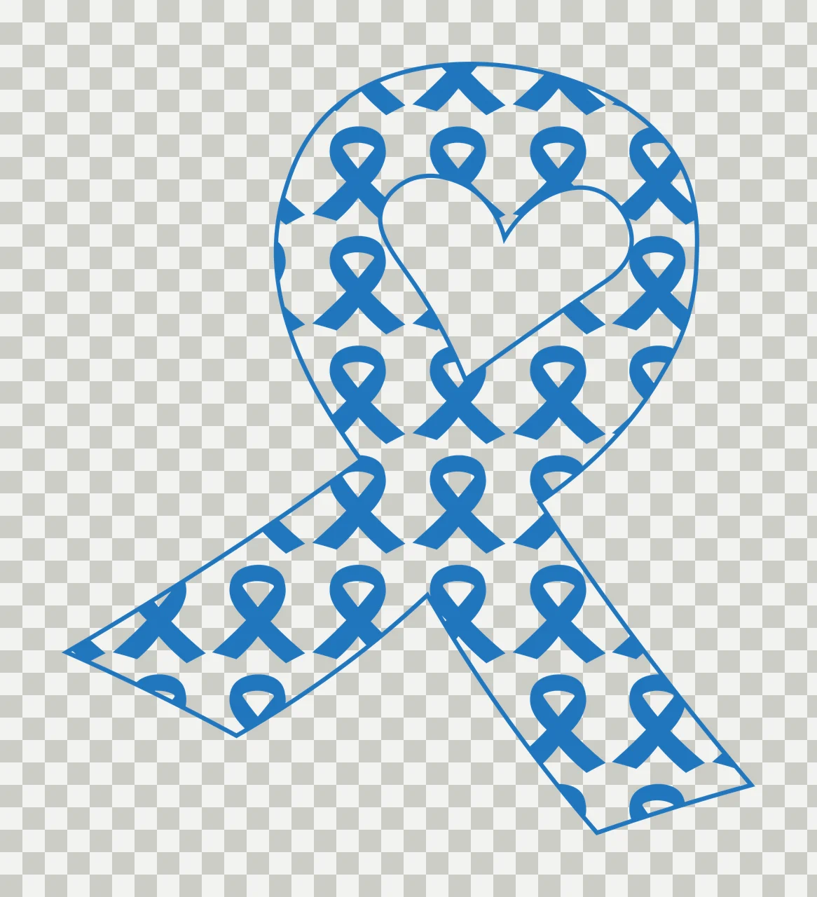 Blue awareness ribbon with patterned interior and heart-shaped cutout Illustration with repeating small blue ribbons in white transparency and detail preview thumbnail