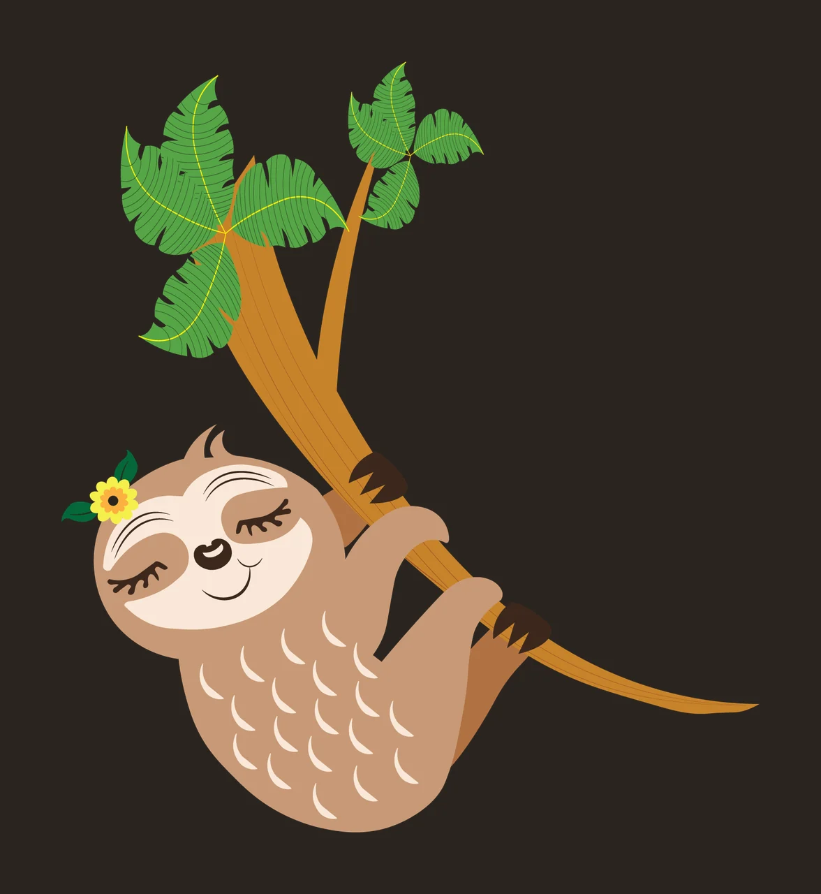 Animal Silhouette Sloth Climbing Palm Tree Branches leaf flower contrast preview thumbnail