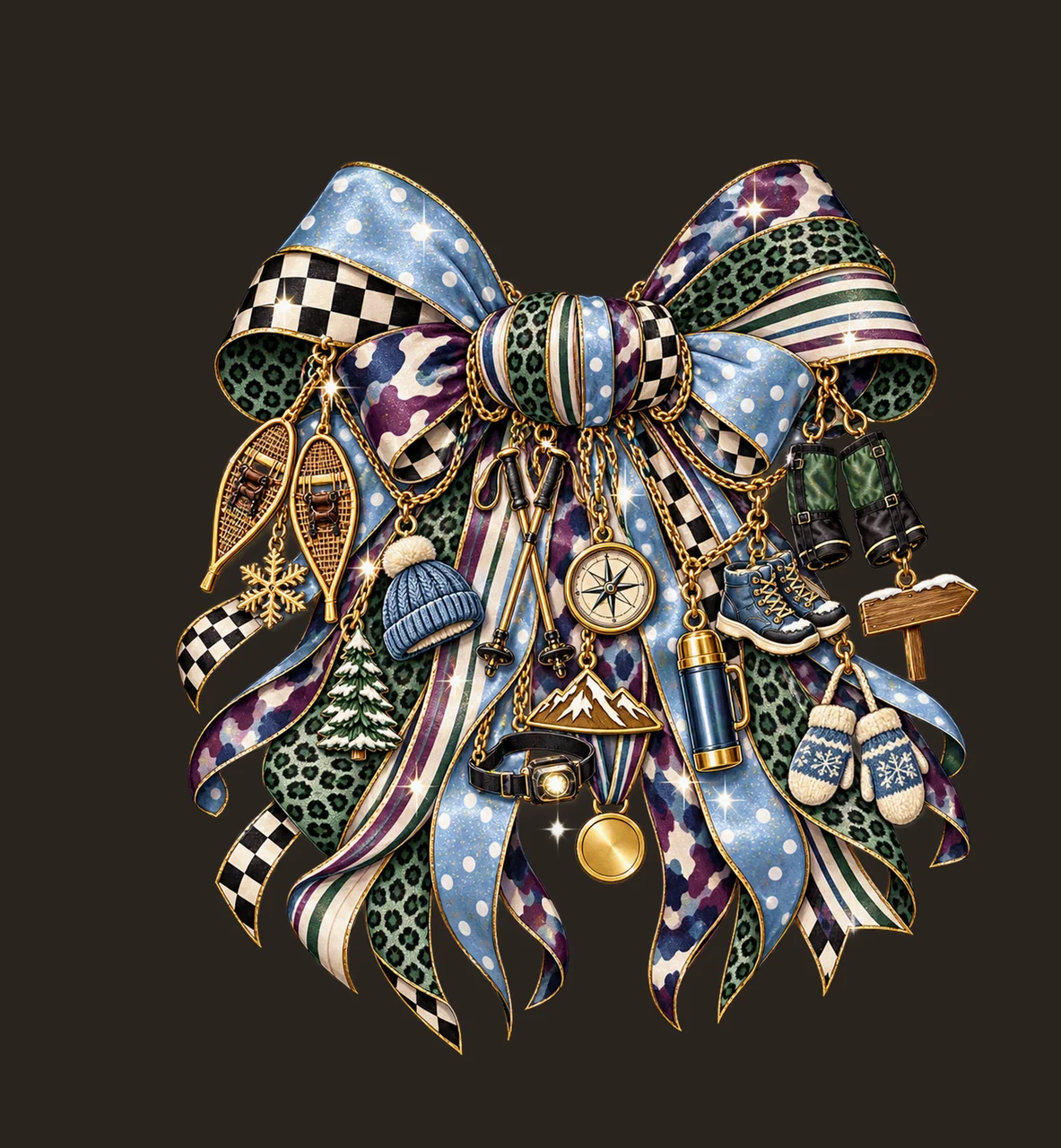 Snowshoeing Lover Bow Charm PNG, Themed Gold Chain Charms, Coquette Ribbon Sublimation Design, Transparent Digital Download contrast preview thumbnail