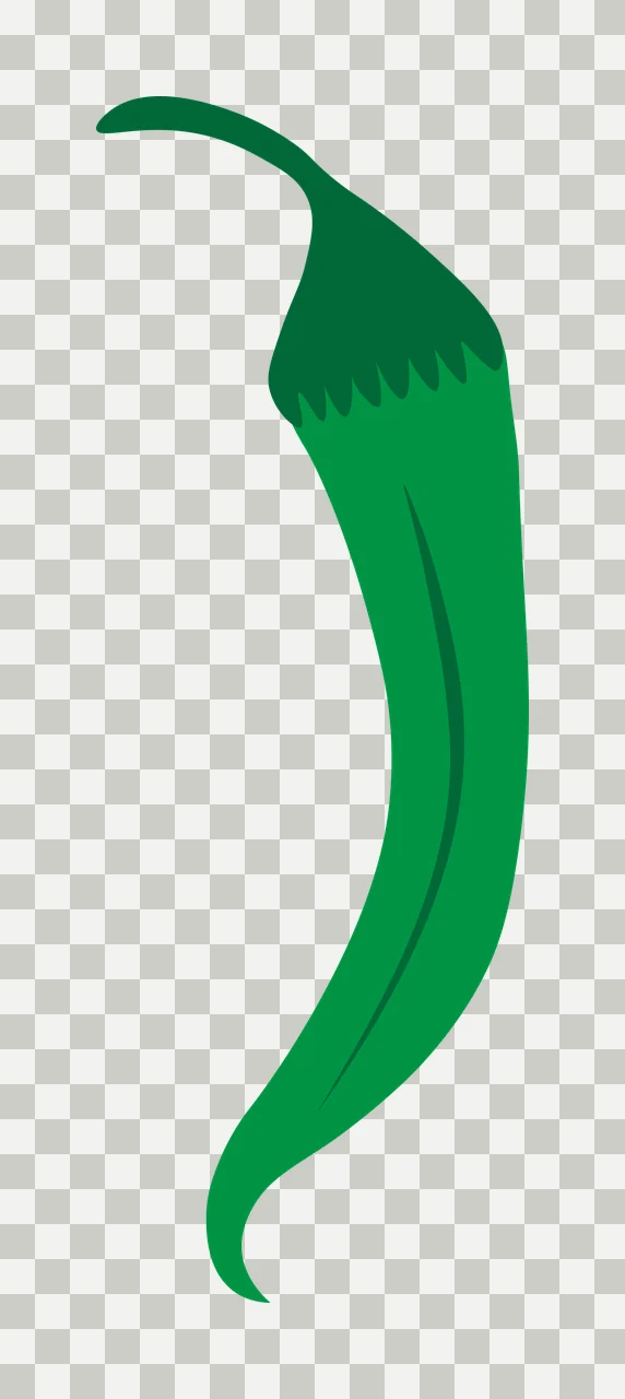 Green chili pepper Illustration with stem, calyx and curved pepper body in dark green and white transparency and detail preview thumbnail