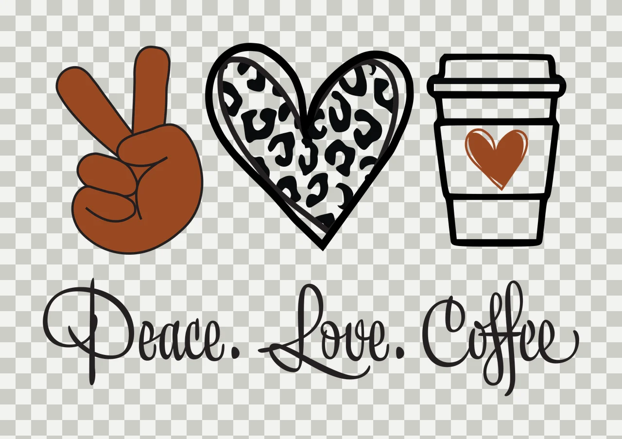 Peace. Love. Coffee Peace. Love. Coffee. design with brown hand making peace sign, leopard-print heart, coffee cup with brown heart and cursive text 'Peace Love Coffee' in black and white transparency and detail preview thumbnail