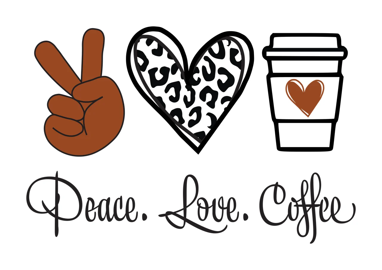 Peace. Love. Coffee Peace. Love. Coffee. design with brown hand making peace sign, leopard-print heart, coffee cup with brown heart and cursive text 'Peace Love Coffee' in black and white