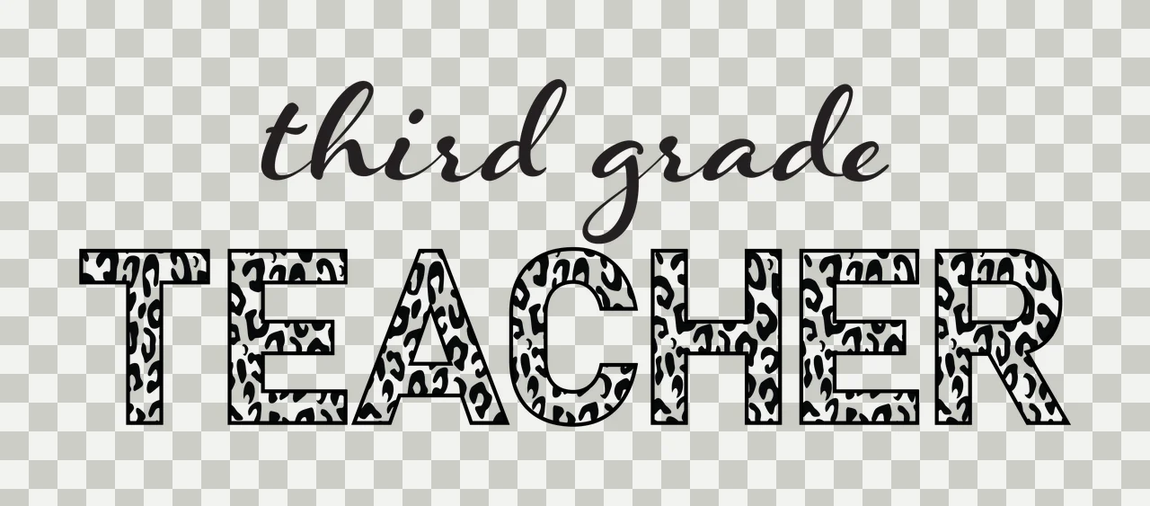 Third grade TEACHER Typography Design with cursive script text, block lettering and leopard print pattern in black and white transparency and detail preview thumbnail
