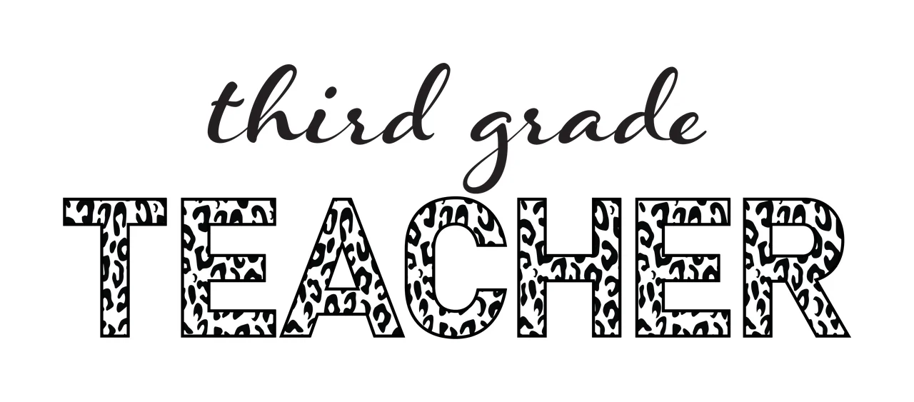 Third grade TEACHER Typography Design with cursive script text, block lettering and leopard print pattern in black and white