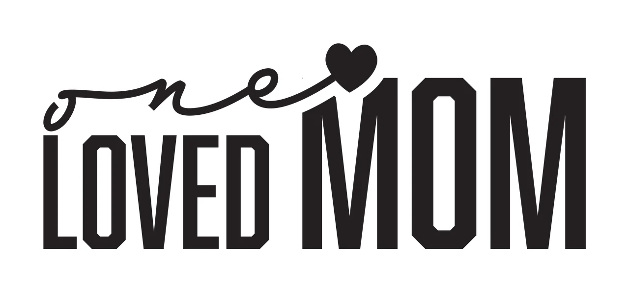 One LOVED MOM Typography Design with script text, block text and heart icon in black and white