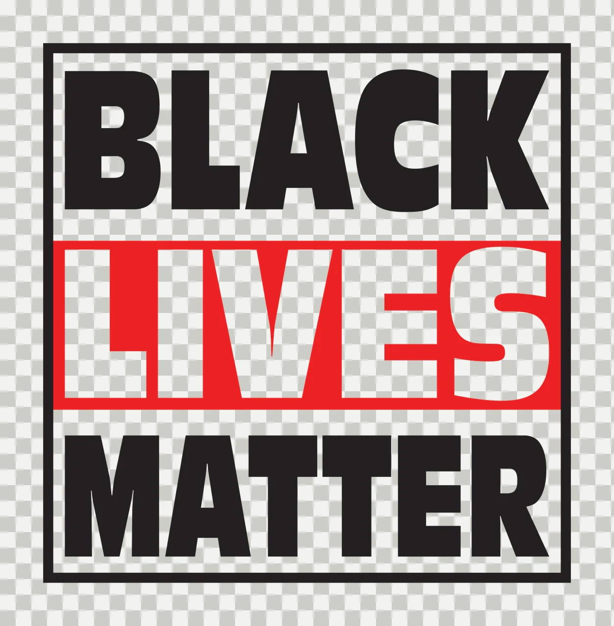 BLACK LIVES MATTER Typography Design with bold sans-serif lettering, red horizontal banner, black square border and three line text layout in white transparency and detail preview thumbnail
