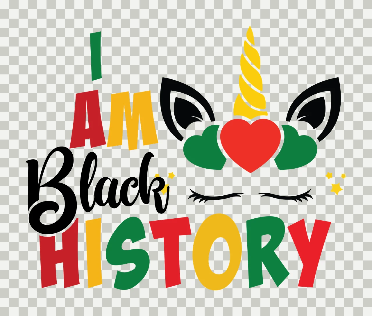 I Am A Black History Unicorn Silhouette text and hearts stars transparency and detail preview thumbnail