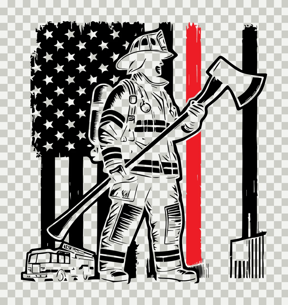 Flag Firefighter With Axe Silhouette holding fire truck black transparency and detail preview thumbnail