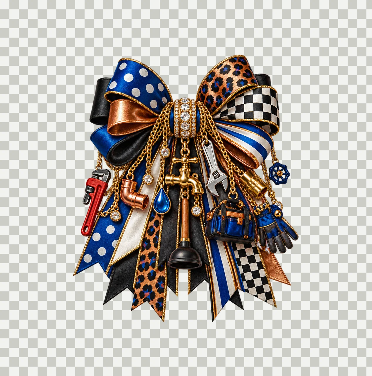 Plumber Bow Charm PNG, Themed Gold Chain Charms, Coquette Ribbon Sublimation Design, Transparent Digital Download transparency and detail preview thumbnail