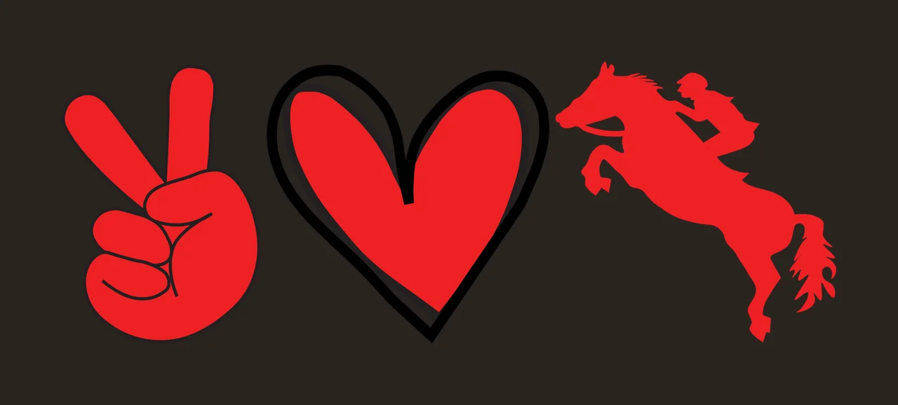 Peace sign, heart, and horseback rider silhouettes Illustration with red peace sign hand, red heart with black outline and red horseback rider silhouette in white contrast preview thumbnail