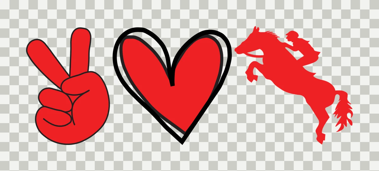 Peace sign, heart, and horseback rider silhouettes Illustration with red peace sign hand, red heart with black outline and red horseback rider silhouette in white transparency and detail preview thumbnail