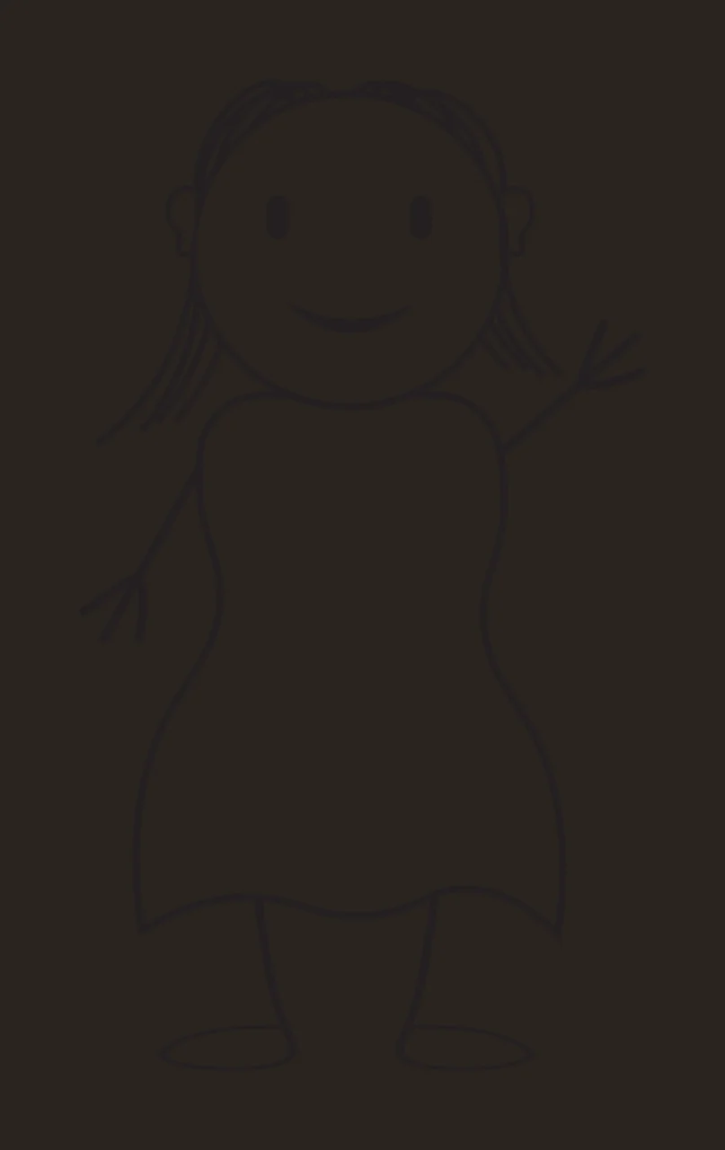 Line Art Illustration of Stick figure person with shoulder-length hair, dress, stick arms and smiling face in black and white contrast preview thumbnail