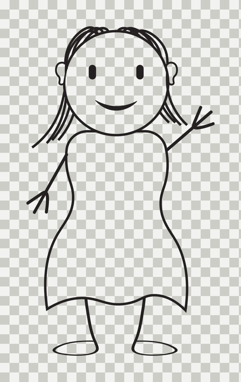 Line Art Illustration of Stick figure person with shoulder-length hair, dress, stick arms and smiling face in black and white transparency and detail preview thumbnail