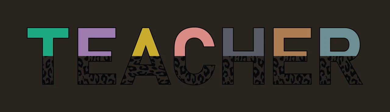 TEACHER Typography Design with TEACHER text, leopard print pattern and colored letter blocks in green, purple and yellow contrast preview thumbnail