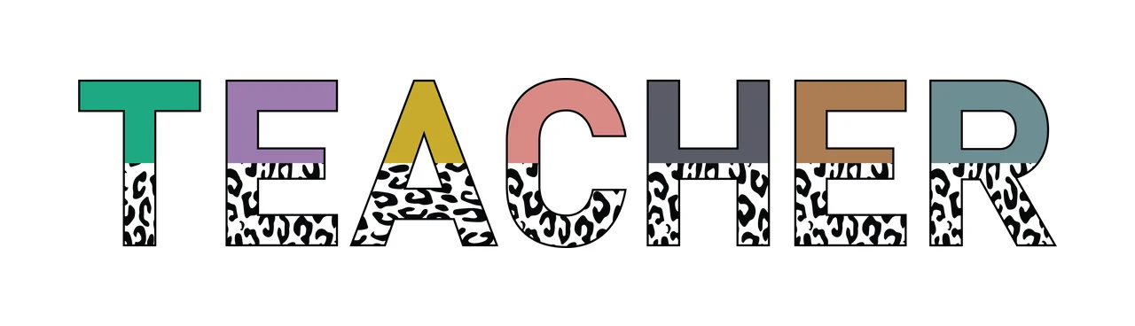 TEACHER Typography Design with TEACHER text, leopard print pattern and colored letter blocks in green, purple and yellow