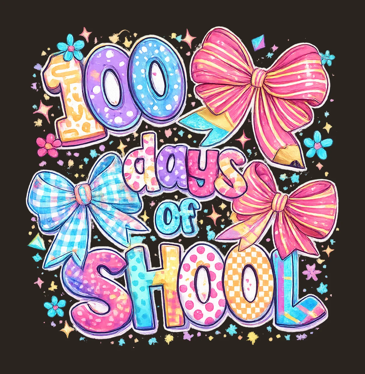 100 Days Of School Coquette Bow Pencil Teacher Stude Digital contrast preview thumbnail