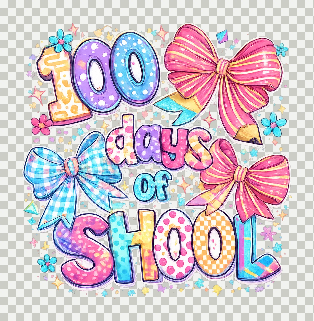 100 Days Of School Coquette Bow Pencil Teacher Stude Digital transparency and detail preview thumbnail