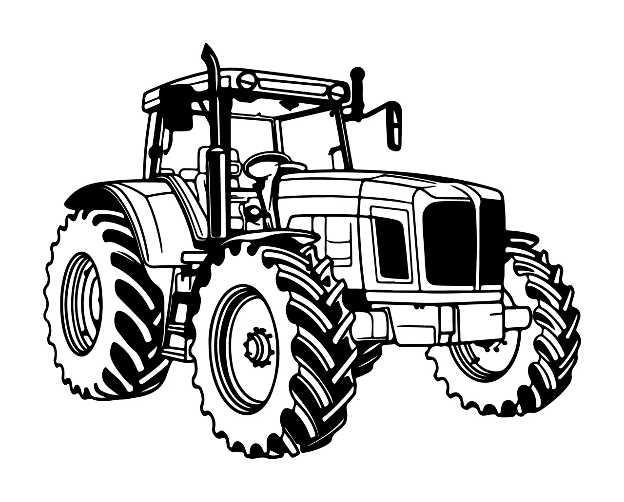 Black Line Drawing Agricultural Tractor standing wheels exhaust pipe