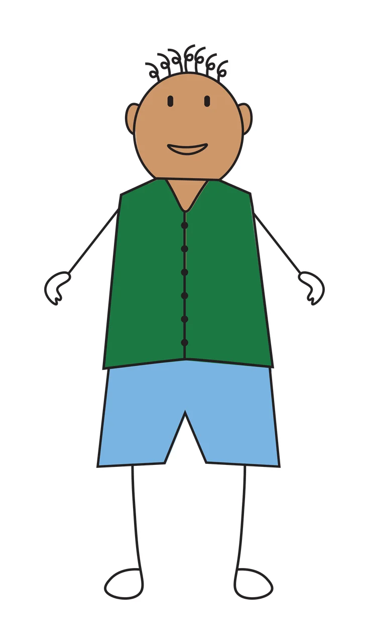 Cartoon Illustration of stick figure person with tan face, curly hair, green vest and blue shorts