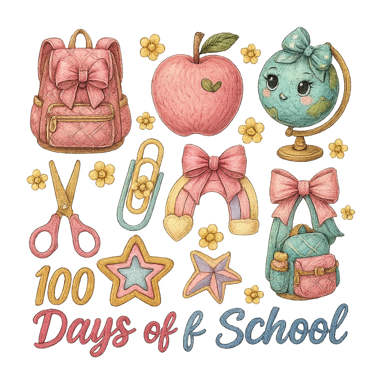 100 Days of School Artwork Coquette Pastel School Supplies