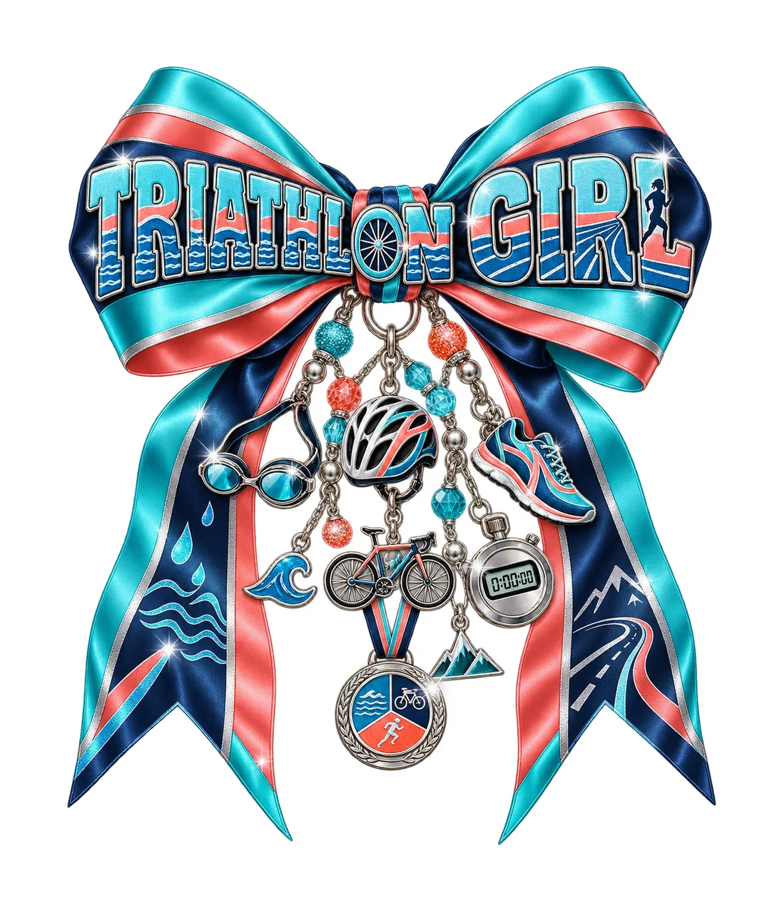 Triathlon Girl Bow Charm PNG, Coquette Ribbon Sublimation, Transparent Digital Download