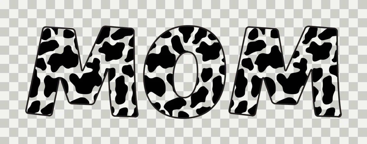 MOM Typography Design with block lettering, cow print pattern and black and white spots transparency and detail preview thumbnail