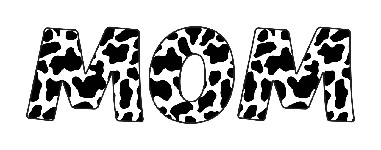MOM Typography Design with block lettering, cow print pattern and black and white spots