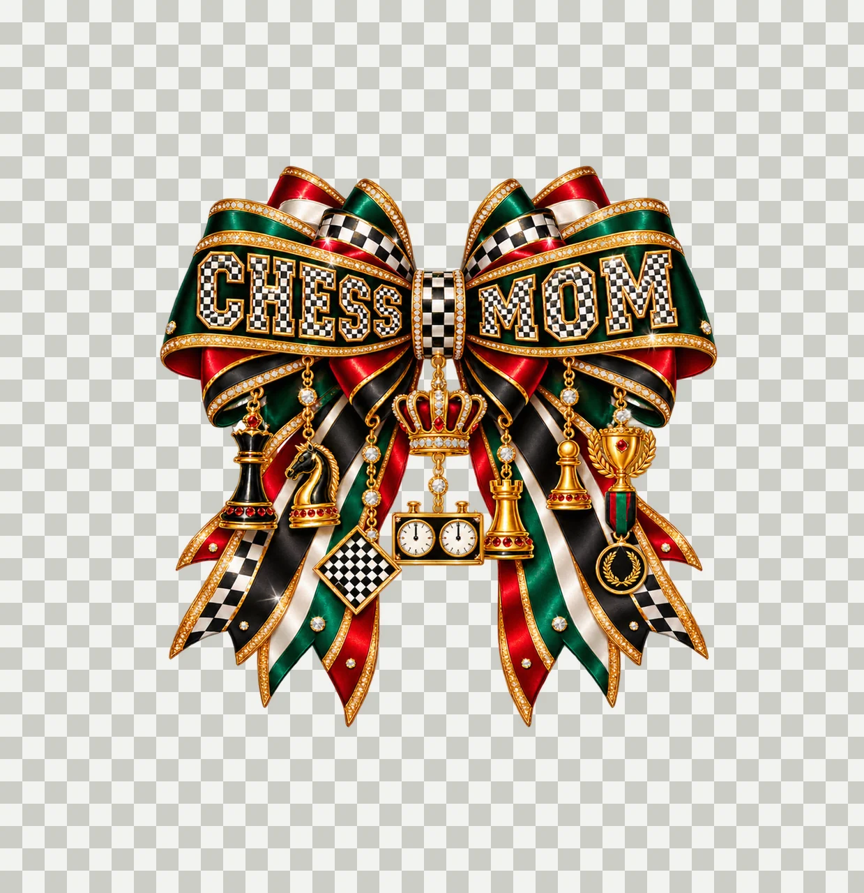 Chess Mom Bow Charm PNG, Patterned Varsity Mom Ribbon Clipart, Transparent Sublimation Digital Download transparency and detail preview thumbnail