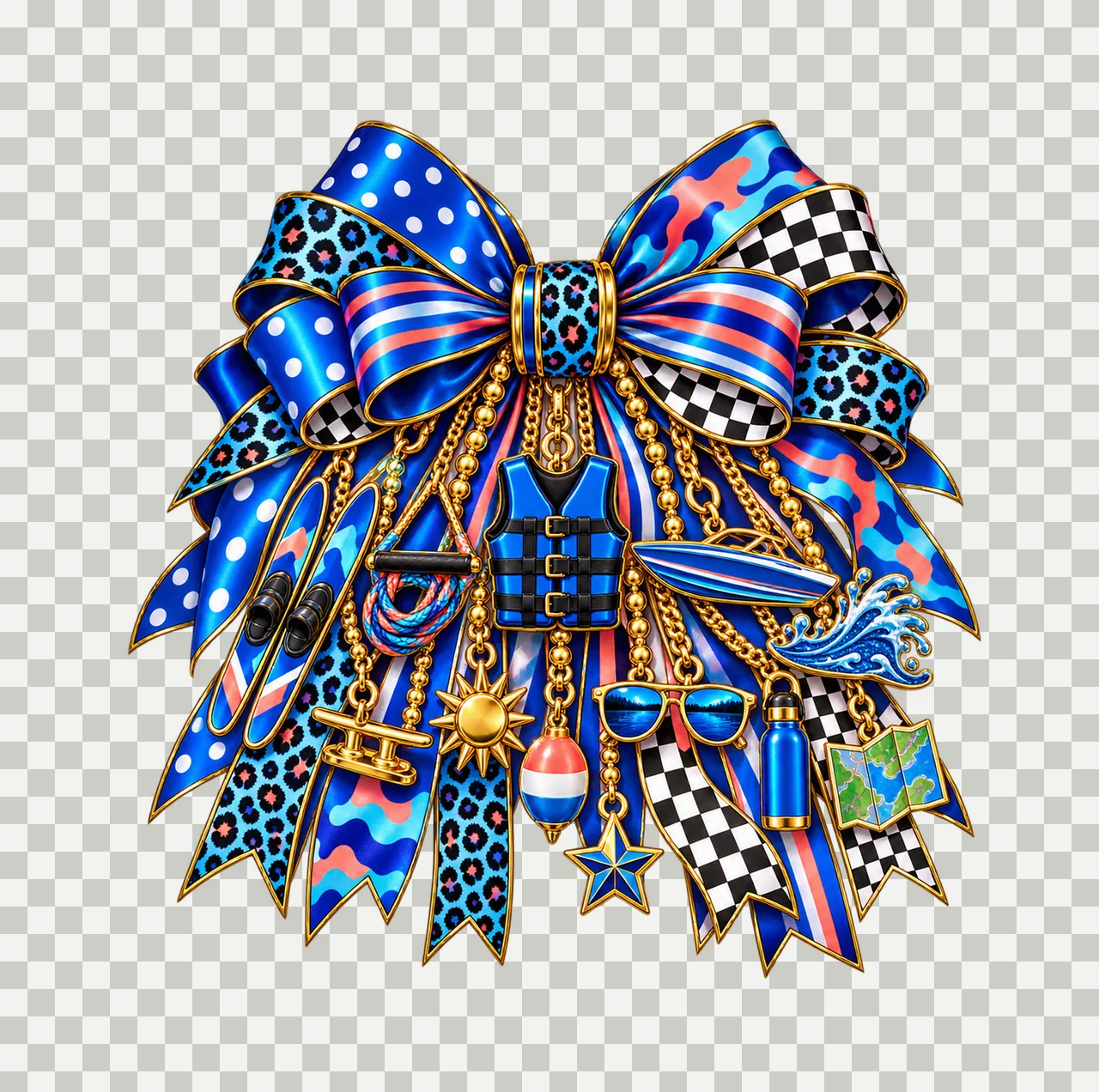 Water Skiing Lover Bow Charm PNG, Gold Chain Charms, Transparent Sublimation Design, Digital Download transparency and detail preview thumbnail