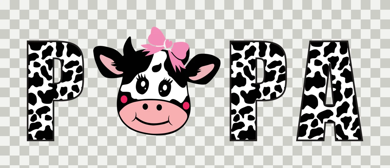 POPA Typography Design with cow print pattern, cartoon cow face, pink bow and letters P P A in black and white transparency and detail preview thumbnail